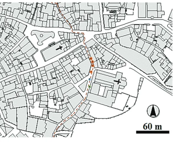 Figura 1 – Localização das estruturas identificadas no Centro Histórico de Santarém. 1/4 – Deposições secun- secun-dárias; A – Bico fundeiro de ânfora Dr