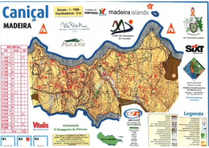 Figura 1:  Legenda de um mapa de Orientação  Figura 2:  Exemplo do mapa de uma prova de Orientação  Caraterização do Geocaching 