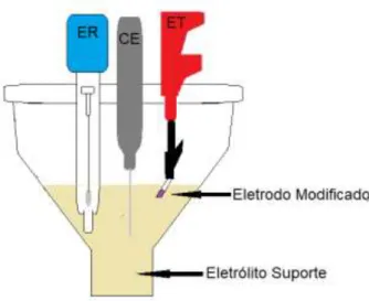 Figura  7.   Representação  de  uma  célula  eletroquímica.  Sendo  ER=  Eletrodo  de  Referência, CE = Contra eletrodo e ET = Eletrodo de trabalho.