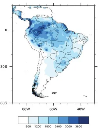 Figura 2. Precipitação média anual (mm) na América do Sul de 1980 a 2010 (LIMBERGER &amp; 