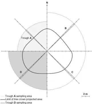 Fig. 1 – Diagram of the experimental setup used in the measurement of throughfall in Mitra II