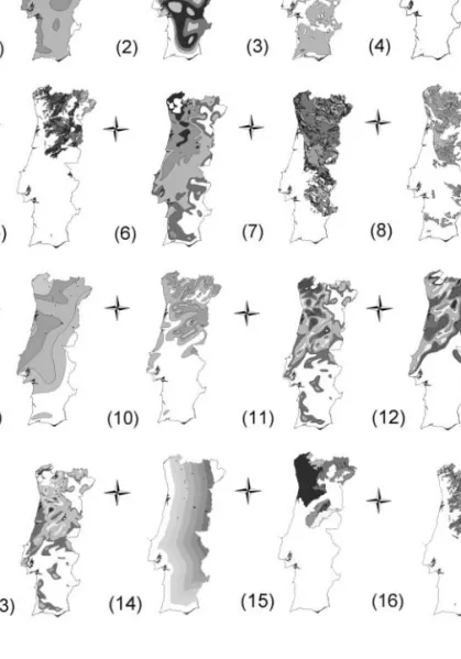Figure 2. Maps showing the potential area where Douglas-fir will grow in Portugal depending on each site variable