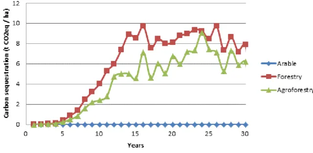 Figure 15. Modelled annual sequestered carbon for an arable, agroforestry, and forestry system in  Bedfordshire, UK 