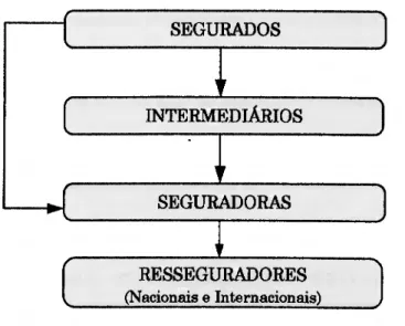 Figura IV - Organização da Industria Seguradora  r  SEGURADOS  . n, . ,  r ■  INTERMEDIÁRIOS  N  1  SEGURADORAS  r  1 '  RESSEGURADORES  (Nacionais e Internacionais)  ) 