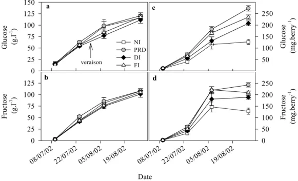 Fig. 3: Sugar accumulation in berries subjected to different irrigation treatments. Values are means ± SE
