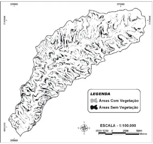 Figura 9 - Mapa das áreas de encostas erosionais com declividade superior a 35% com e sem cobertura vegetal.