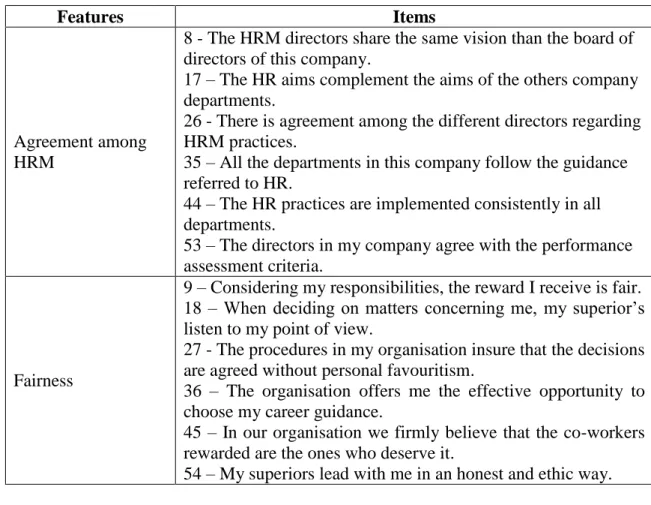 Table 10 – Features and items of Human Resources Management Strength (cont.) 