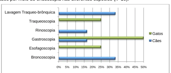 Gráfico  8  -  Frequência  relativa  dos  diferentes  exames  complementares  de  diagnóstico  realizados por meio de endoscopia nas diferentes espécies (n=10)