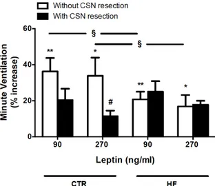 Figure 3. Effect of carotid sinus nerve resection (CSN) on leptin effects on ventilation in control (CTR) and high-fat (HF) animals