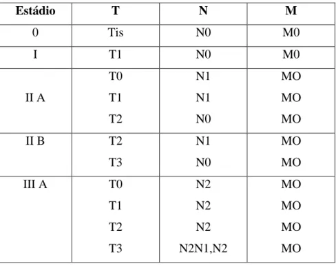 Tabela 2 – Combinações possíveis do sistema TNM  Estádio  T  N  M  0  Tis  N0  M0  I  T1  N0  M0  II A  T0 T1  T2  N1 N1 N0  MO MO MO  II B  T2  T3  N1 N0  MO MO  III A  T0  T1  T2  T3  N2 N2 N2  N2N1,N2  MO MO MO MO 
