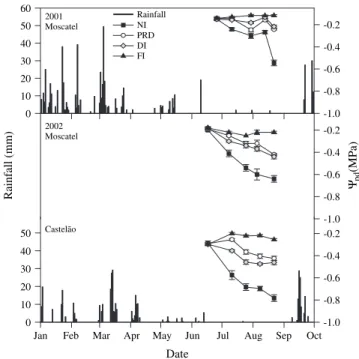 Fig. 1. Seasonal distribution of rainfall and predawn water potential (W pd ) measured in different water treatments in Moscatel (2001 and 2002) and in Castela˜o (2002)