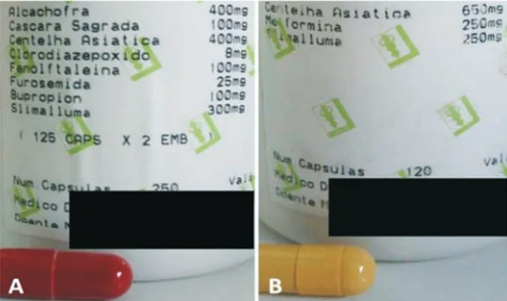 Fig. 1 - Embalagens dos manipulados na farmácia (A e B)  que a doente estava a tomar para emagrecimento.