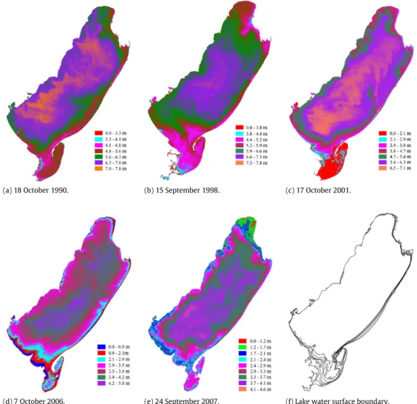 Fig. 4. The modeled water depths and lake water surface boundary.