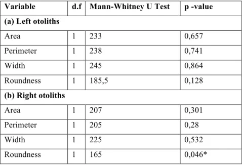 Table 2. Results of Mann-Whitney U Test for left (a) and right (b) otoliths of L. lepadogaster larvae (8  days post hatching), reared under control (n= 23) and high pCO 2  conditions (n= 22)