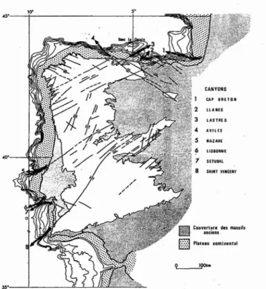 Fig. J - La situation des grands canyons sous-marins de la Péninsule Ibérique et leurs relations avec les décrochements