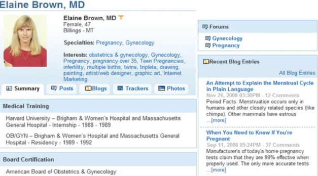 Figure 7 - Example of a MedHelp physician homepage. Upper left – Personal details. Upper right – Forums that  are attending
