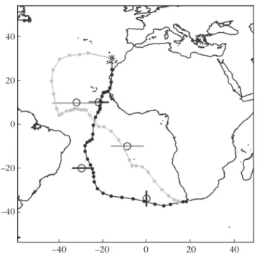 Figure 1. Example of a route taken by an individual Cory’s shearwater during the outward (black) and return (grey) migrations to the South African coast (dots represent the positions, twice each day, estimated from the geolocator data)