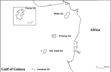 Fig. 1. Map showing sampling localities of Afroablepharus spp. from Gulf of Guinea islands sampled in this study