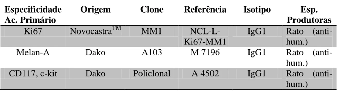 Tabela 3 – Anticorpos primários utilizados para os quais foi obtida marcação positiva