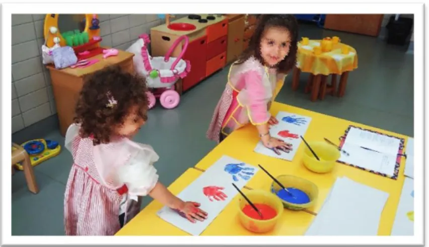 Figura 8: Após a mistura, as crianças imprimiram a cor roxa. 