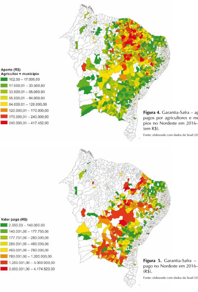 Figura 4. Garantia-Safra – aportes  pagos por agricultores e  municí-pios no Nordeste em 2016–2017  (em R$).