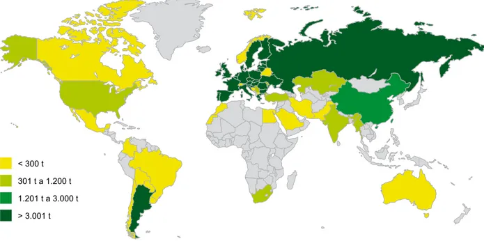 Figura 1. Produção mundial de girassol no ano comercial 2014–2015 (em milhares de toneladas)