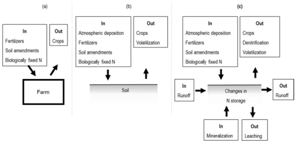 Figure 3. Schematization of the nitrogen budget for horticultural crops, with examples of inputs and outputs considered at three levels: (a) farm gate; (b) soil surface; (c) soil system