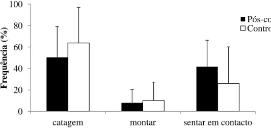 Figura 2. Frequência M por indivíduo + DP do comportamento utilizado no primeiro contacto  afiliativo entre espectadores nos períodos pós-conflito e nos períodos de controlo