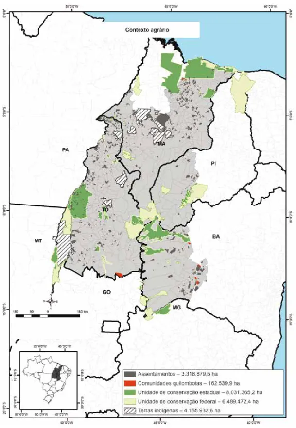 Figura 2. Espacialização das áreas quilombolas, assentamentos rurais, terras indígenas e unidades de conser- conser-vação federais e estaduais do Matopiba.