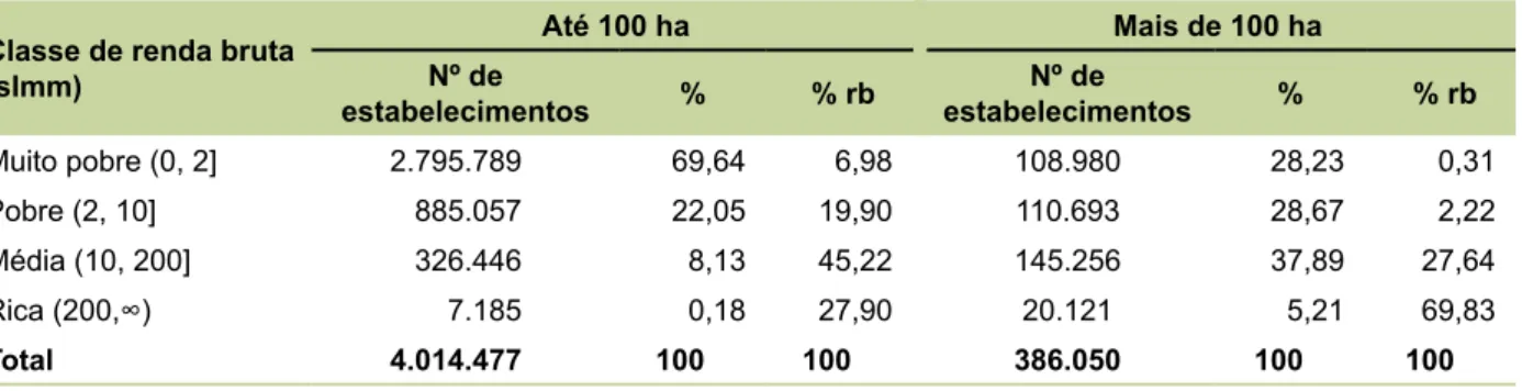 Tabela 3. Distribuição dos estabelecimentos em número, porcentagem e porcentagem da renda bruta  segundo as classes de área de até 100 ha e de mais de 100 ha em 2006