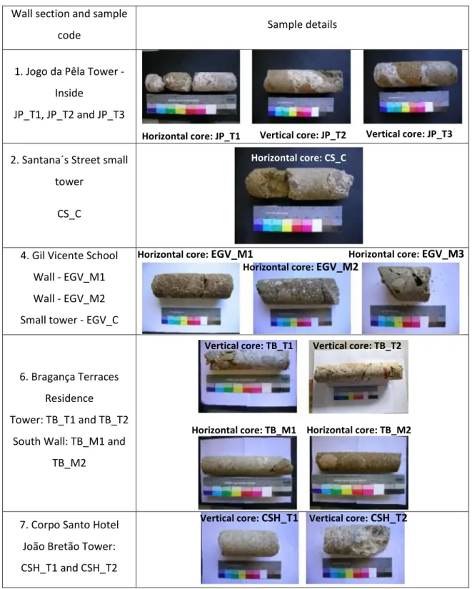 Table 1 – Samples s extracted from surveyed sites  Wall section and sample 