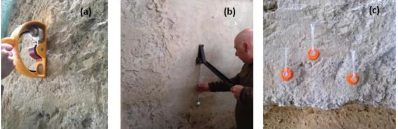 Figure 9 –  In situ  tests: (a) Pendular sclerometer in Bragança Terraces Residence wall section  facing south; (b) Sphere impact test at a wall facing East inside Jogo da Pela Tower and (c) 