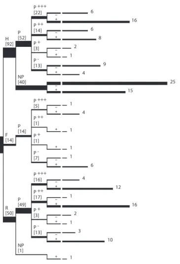 Figure    2.1.4    –    Distribution    of    protease    producers    among    the    wool-­‐associated    bacterial    population,    ranked    by    proteolytic    power    (P    –    proteolytic;    NP    –    non-­‐proteolytic;    P +++     –    stron