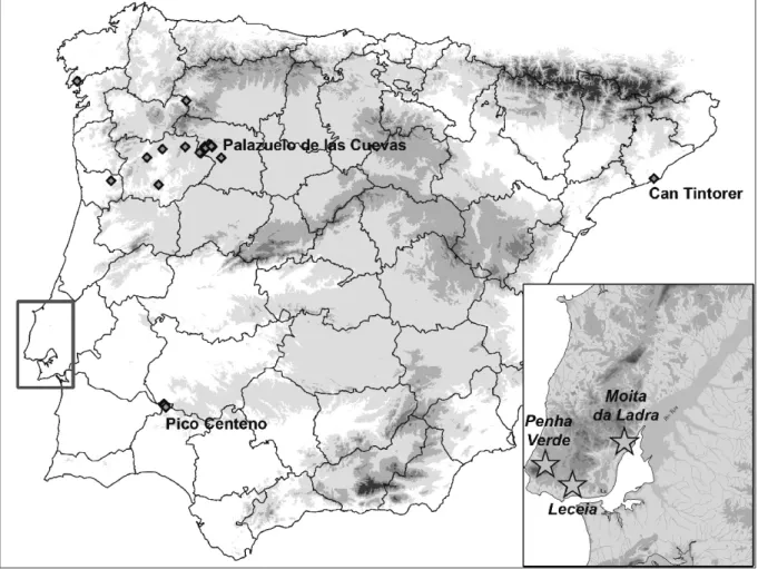 Fig.  1 – Distribución de los afloramientos de variscita (rombos) conocidos en la península Ibérica y localización de los poblados  estudiados (estrellas) en detalle en el contexto de la península de Lisboa.
