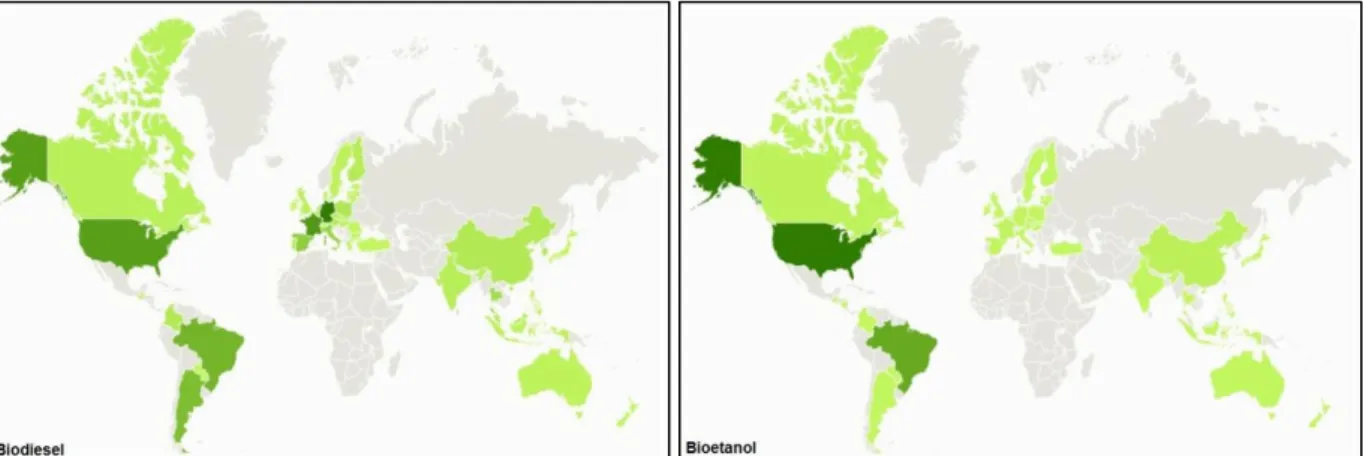 Figura 1 – Distribuição geográfica da produção de biodiesel e bioetanol no mundo no ano de 2009