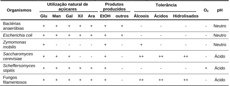 Tabela 3 – Vantagens e desvantagens de microrganismos naturais na produção industrial de etanol  (adaptado de [Hahn-Hägerdal et al., 2007])