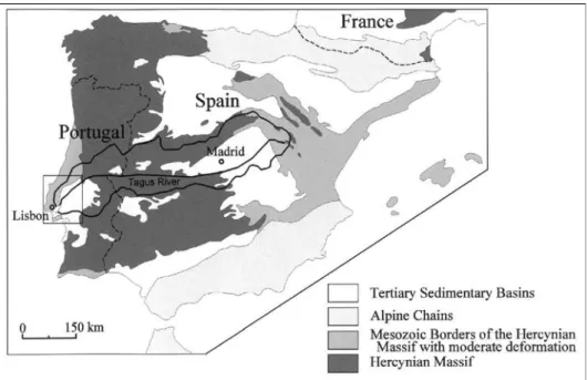 Figure 1. Structural framework of Tagus drainage basin  (the square represents the more detailed map of figure 2).