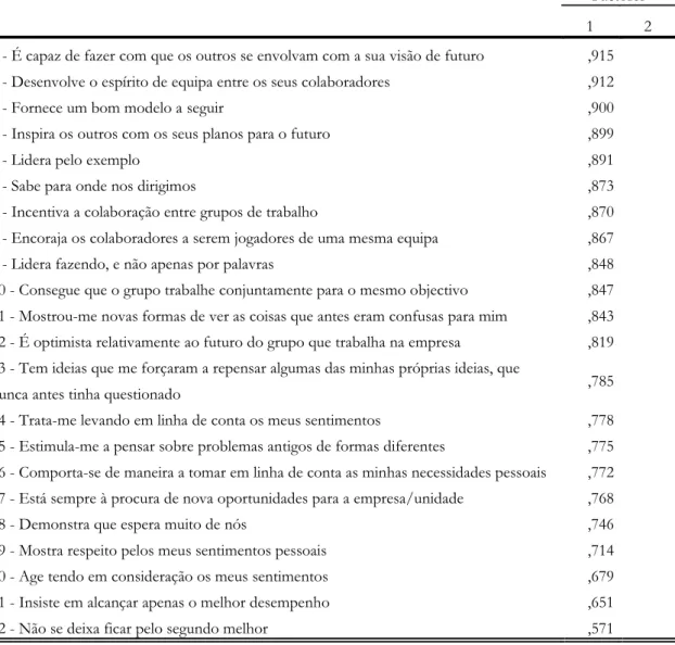Tabela 10 - Pesos factoriais do factor identificado na escala de Liderança  Transformacional 