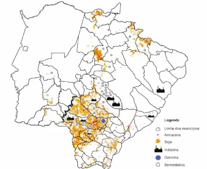 Figura 7. Distribuição geográfica dos elos da cadeia produtiva da soja em Mato Grosso do Sul em 2012.