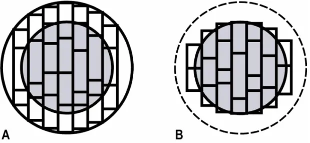 Figura 3: Representação esquemática da simulação da serração de todo o toro (A) e do volume de cerne (B)