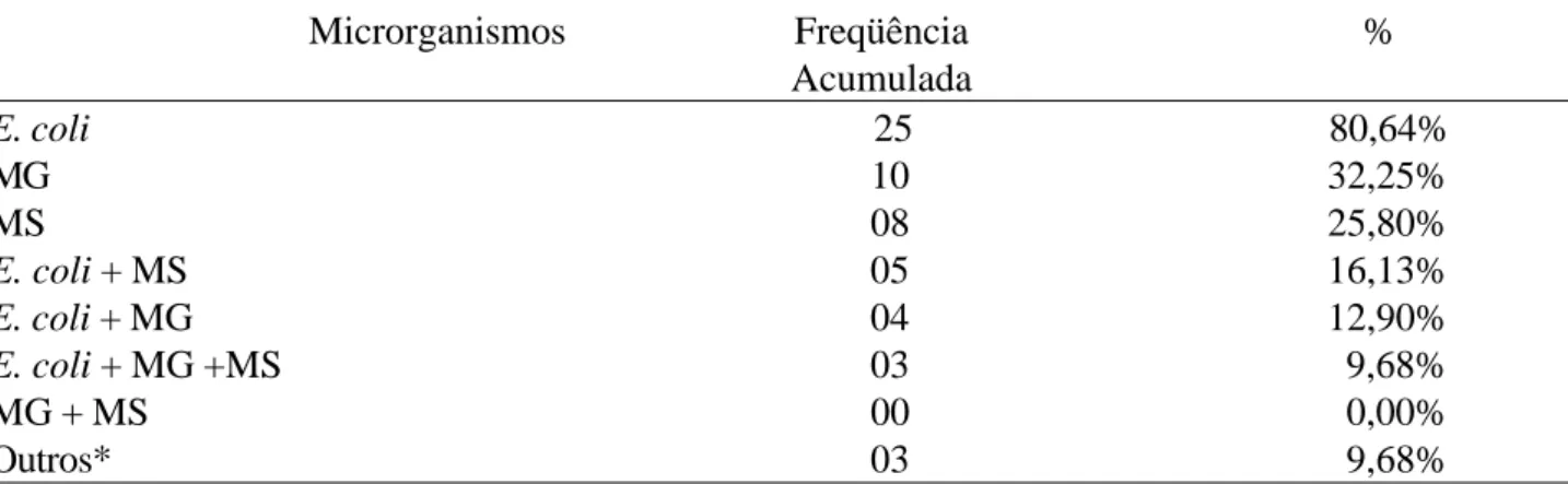 TABELA 1. Freqüência acumulada do isolamento de E. coli e reações de PCR positivas para MG e MS, em amostras de aerossaculite de 31 lotes de aves abatidas sob Inspeção Federal no Estado de Goiás.