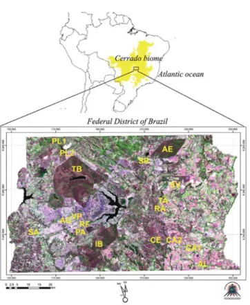 Fig. 1 - Color composition 3R4G5B – Landsat/ETM+7 image (May-23, 2003) with spatial resolution of 15 m from Federal District of Brazil with triatomine and small mammal sampling areas of this study (see Table 1 for geographical co-ordinates, location and ma