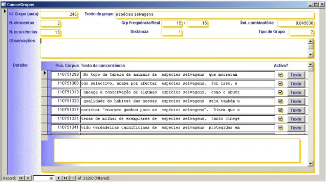 Fig. 1.  Record for the collocation espécies selvagens ‘wild species’ in the database 