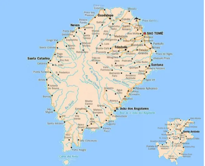 Fig. 15 - Principais linhas de água existentes nas ilhas de S. Tomé e Príncipe (adaptado de  Wikipédia, 2010) 