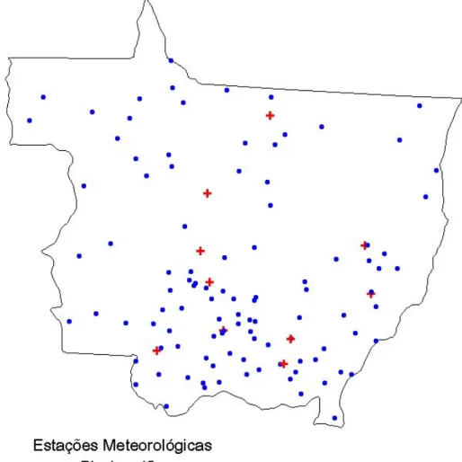 Figura 1. Distribuição espacial de 10 estações pluviográficas e de 104 estações pluviométricas do Estado de Mato Grosso.