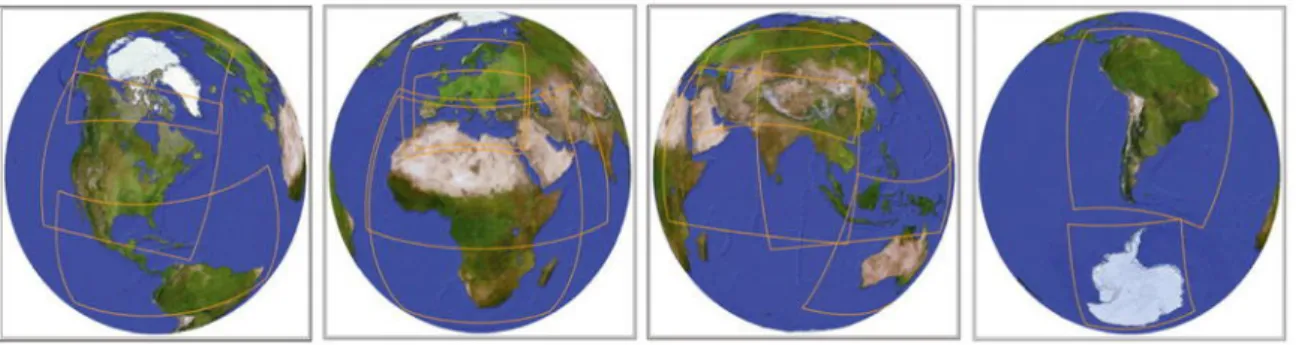 Figure 2.5: The common domains used in the CORDEX framework. It should be noted that these domains represent interior analysis domains, not including the lateral relaxation zone in RCMs [JPL, n.d.].