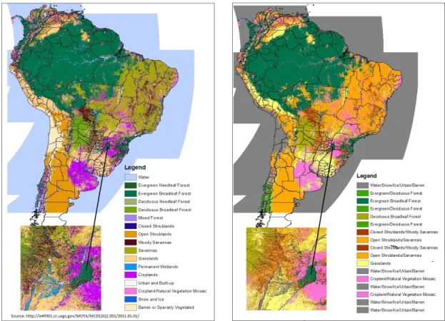 Figure 3.1: Biome distribution in South America using the IGBP vegetation scheme in 17 classes (left figure) and 7 classes (right figure) [Programa Queimadas INPE, 2013].