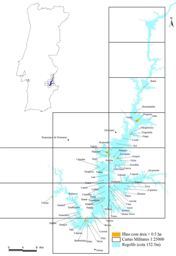 Figura 2.1 - Localização da albufeira de Alqueva e das 64 ilhas com área superior a 0.5ha   (Fonseca et al., 2001)