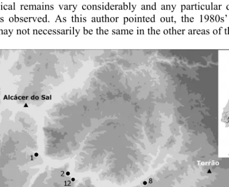 Fig. 26.1. Location of Poças de São Bento and the other shell midden sites in the  Sado valley