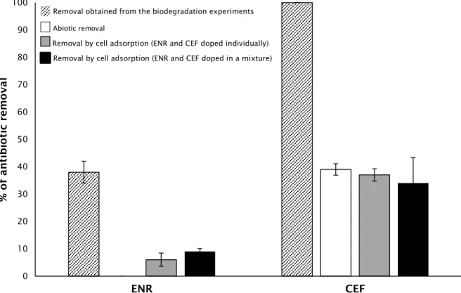 Figure 7. Removals of ENR and CEF obtained in different experimental conditions, for the concentration  of 2 mg L -1 
